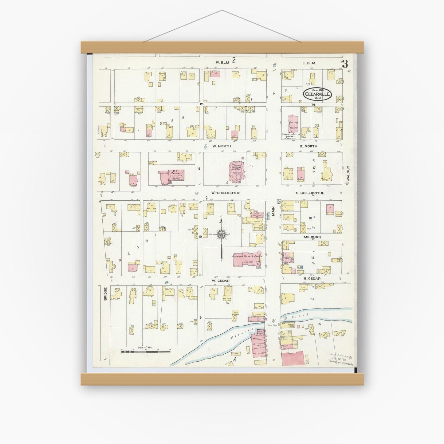 Old map wall art mockup — magnetic wood frame on white wall — Sanborn Fire Insurance Map from Cedarville, Greene County, Ohio (1910), Sheet #0003