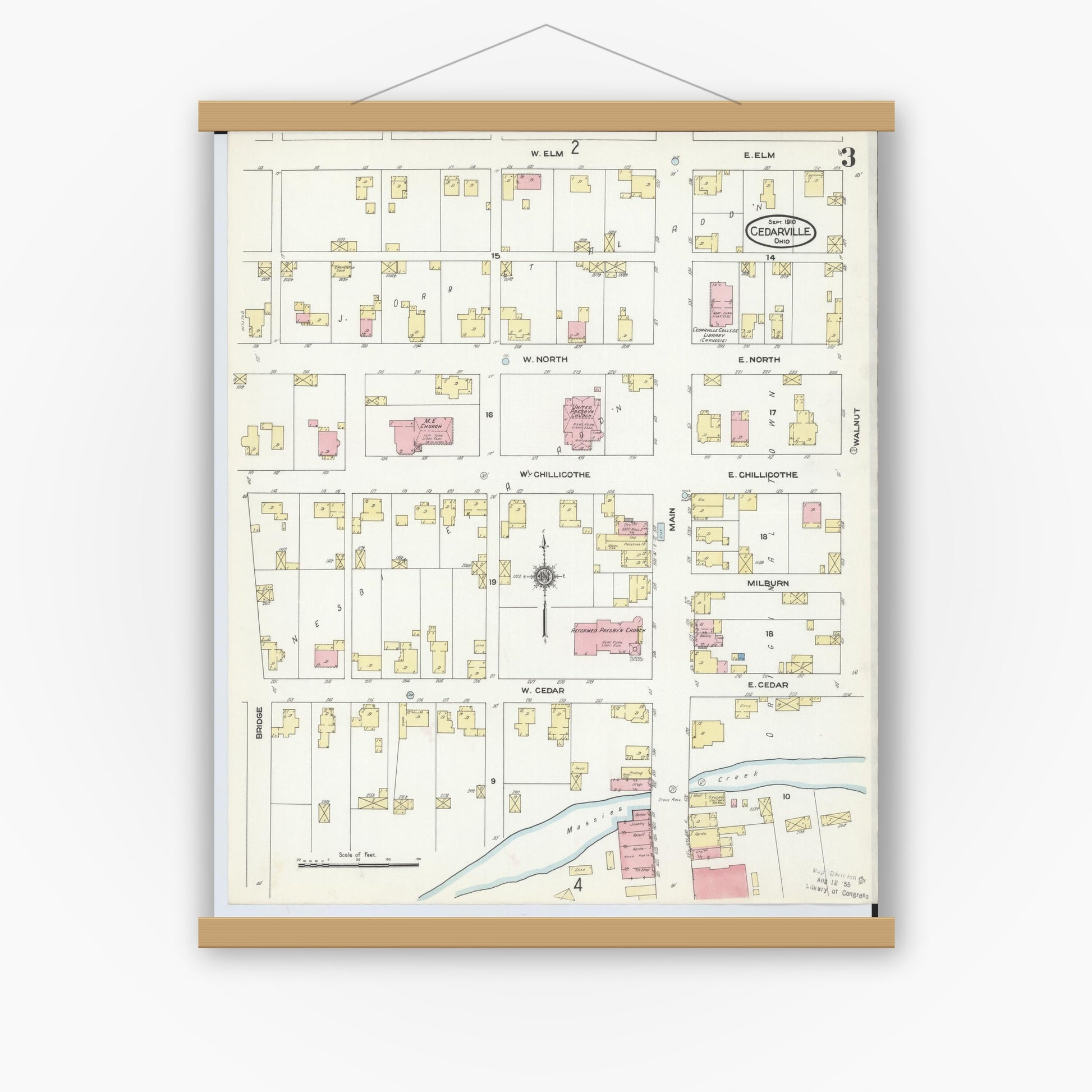 Old map wall art mockup — magnetic wood frame on white wall — Sanborn Fire Insurance Map from Cedarville, Greene County, Ohio (1910), Sheet #0003