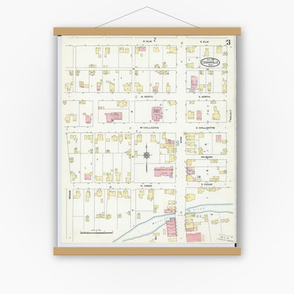 Old map wall art mockup — magnetic wood frame on white wall — Sanborn Fire Insurance Map from Cedarville, Greene County, Ohio (1910), Sheet #0003