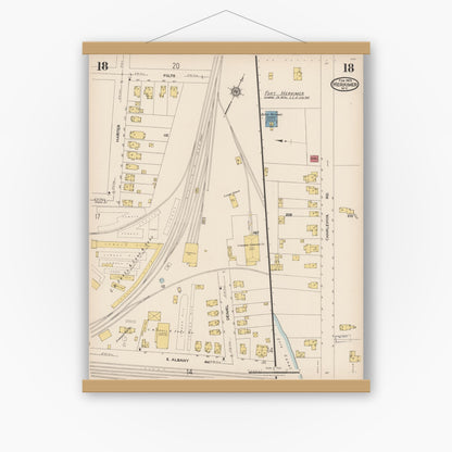 Old map wall art mockup — magnetic wood frame on white wall — Sanborn Fire Insurance Map from Herkimer, Herkimer County, New York (1923), Sheet #0018