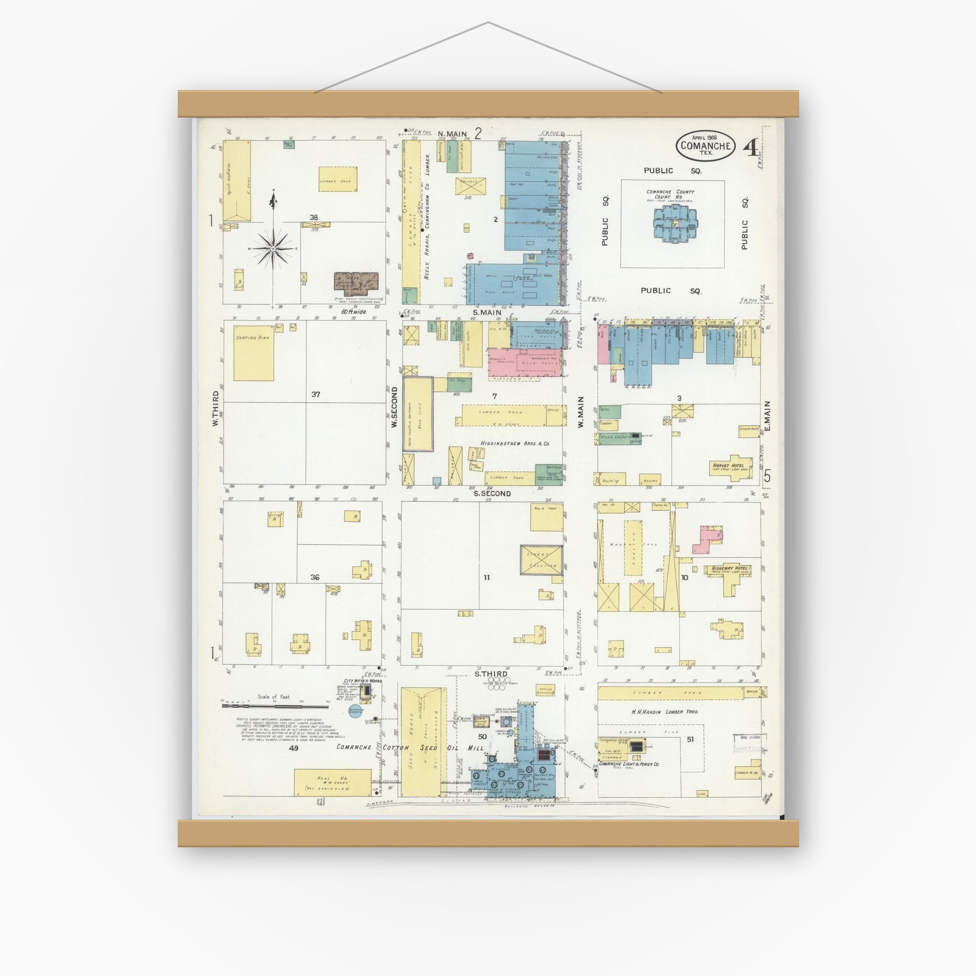 Old map wall art mockup — magnetic wood frame on white wall — Sanborn Fire Insurance Map from Comanche, Comanche County, Texas (1908), Sheet #0004