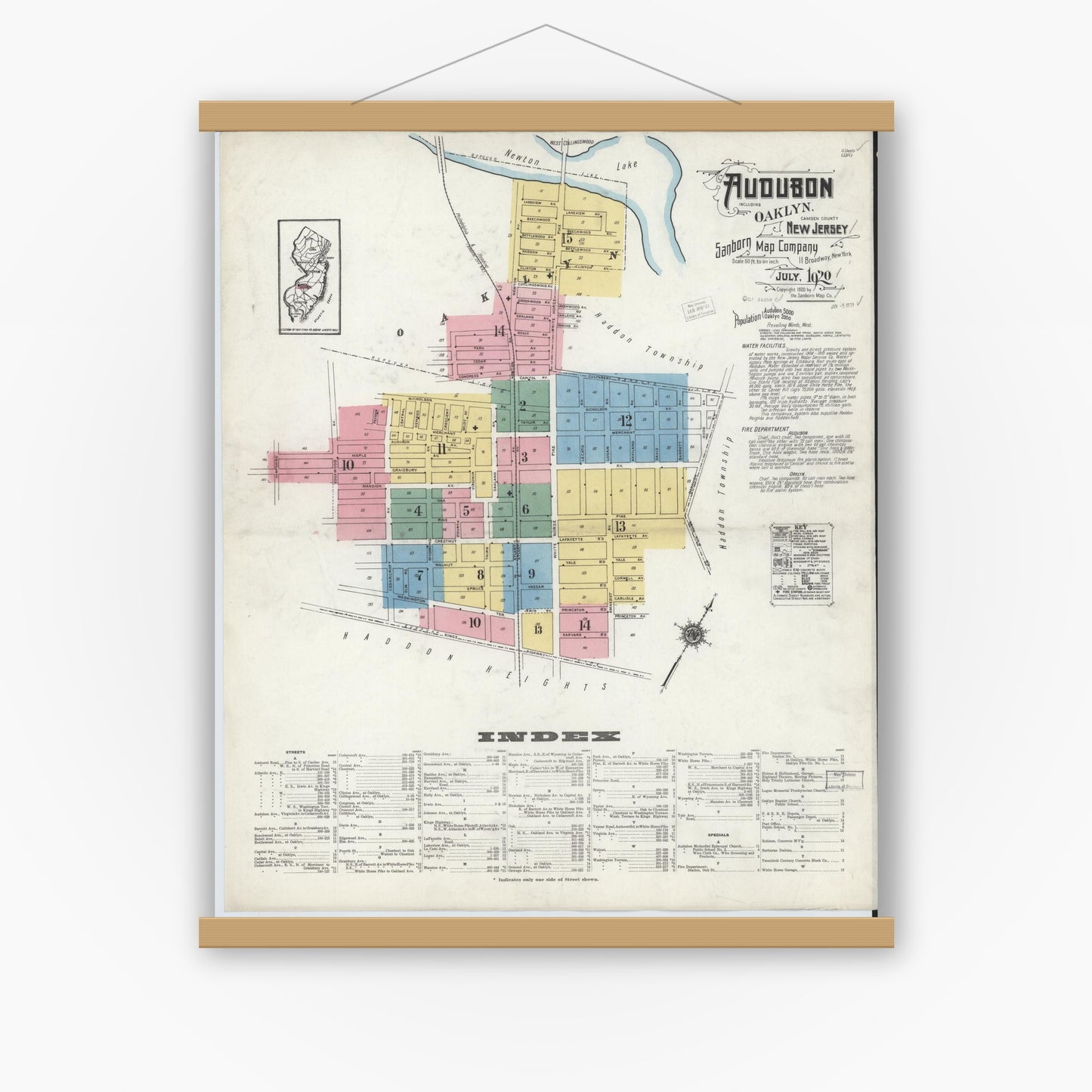 Old map wall art mockup — magnetic wood frame on white wall — Sanborn Fire Insurance Map from Audubon, Camden County, New Jersey (1920) - Complete Map Set