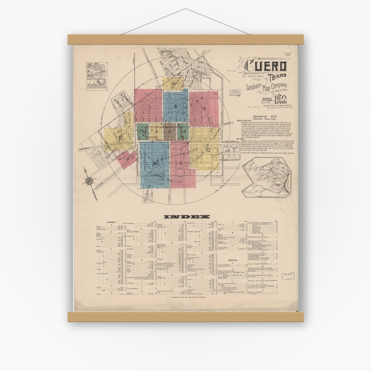 Old map wall art mockup — magnetic wood frame on white wall — Sanborn Fire Insurance Map from Cuero, De Witt County, Texas (1922), Sheet #0001