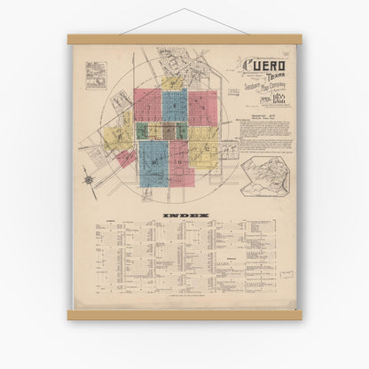 Old map wall art mockup — magnetic wood frame on white wall — Sanborn Fire Insurance Map from Cuero, De Witt County, Texas (1922), Sheet #0001