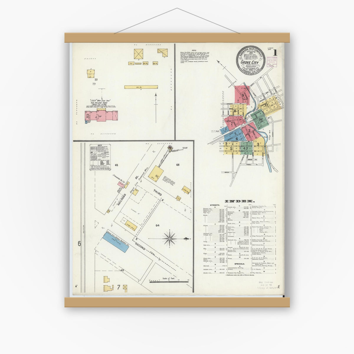 Old map wall art mockup — magnetic wood frame on white wall — Sanborn Fire Insurance Map from Grove City, Mercer County, Pennsylvania (1906) - Complete Map Set