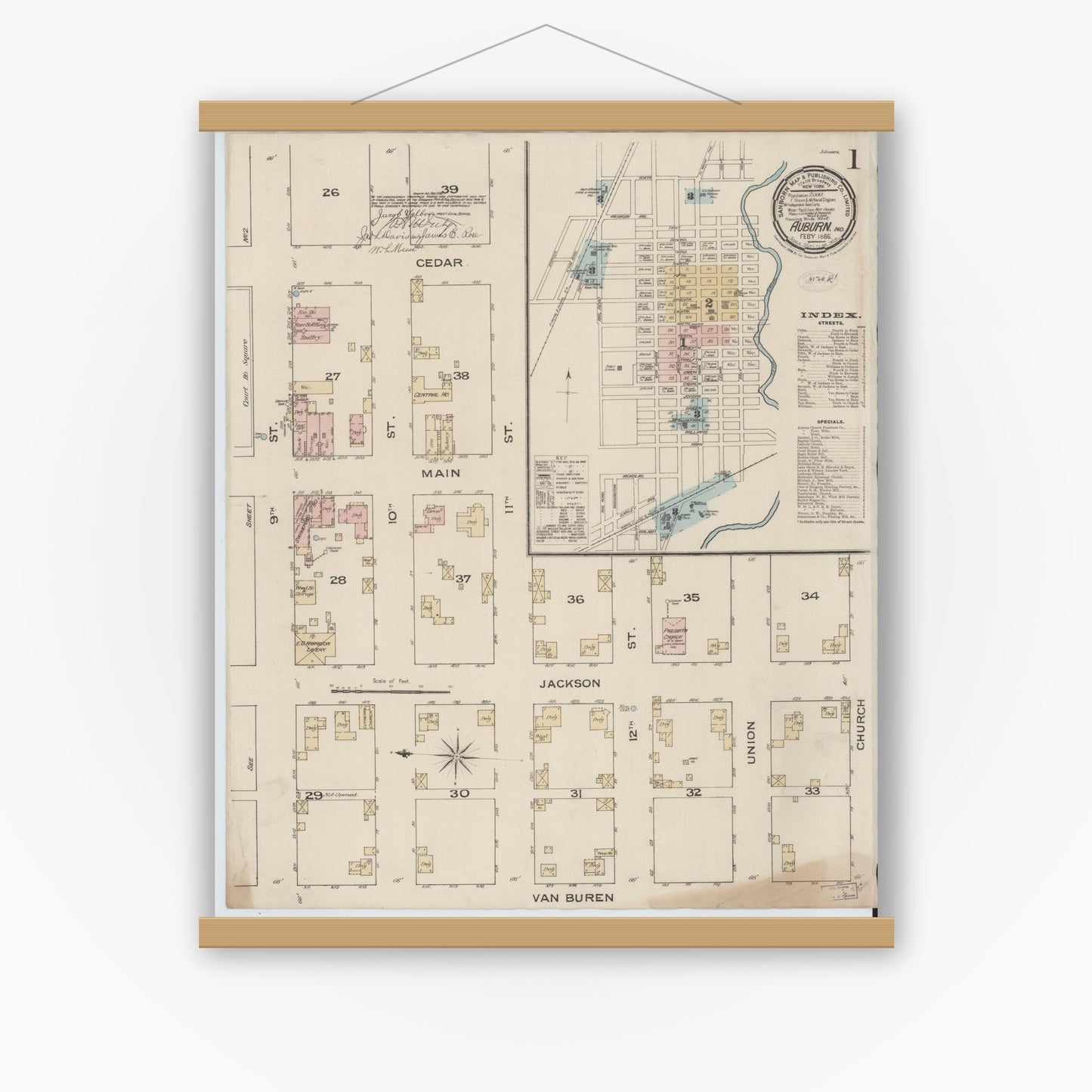 Old map wall art mockup — magnetic wood frame on white wall — Sanborn Fire Insurance Map from Auburn, De Kalb County, Indiana (1886), Sheet #0001