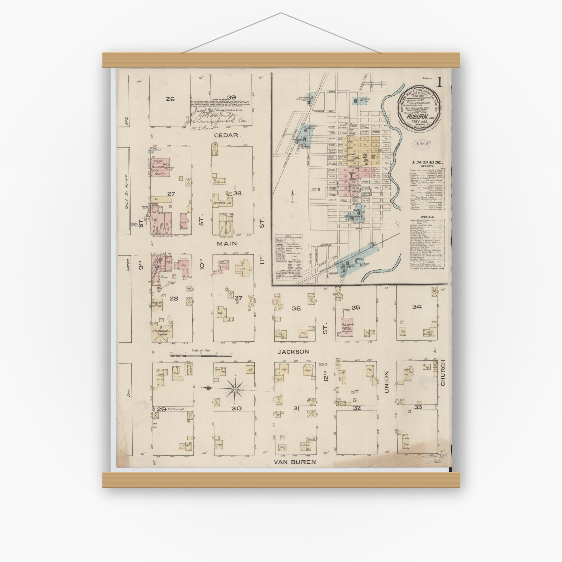 Old map wall art mockup — magnetic wood frame on white wall — Sanborn Fire Insurance Map from Auburn, De Kalb County, Indiana (1886), Sheet #0001