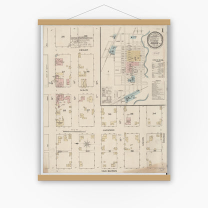 Old map wall art mockup — magnetic wood frame on white wall — Sanborn Fire Insurance Map from Auburn, De Kalb County, Indiana (1886), Sheet #0001