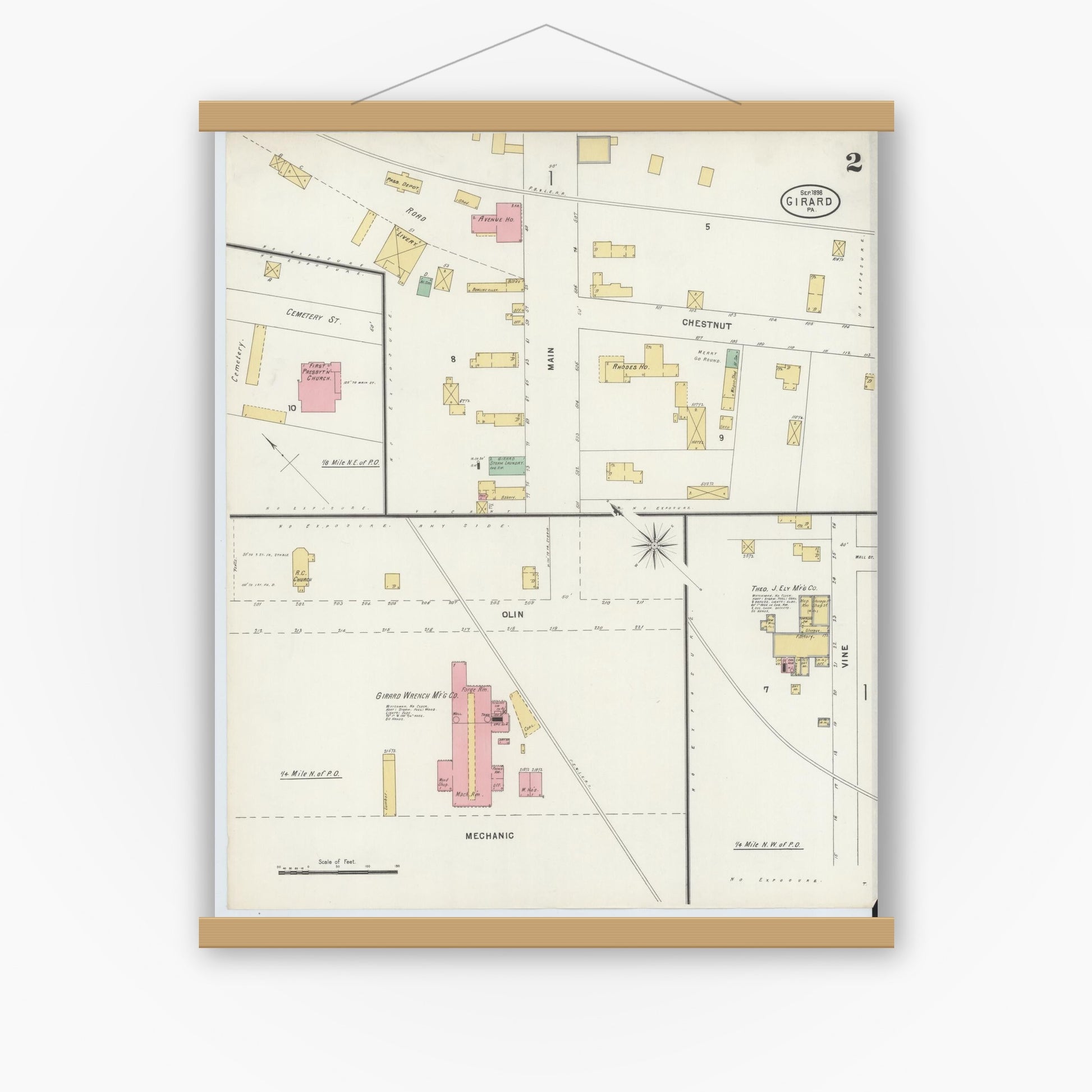 Old map wall art mockup — magnetic wood frame on white wall — Sanborn Fire Insurance Map from Girard, Erie County, Pennsylvania (1898), Sheet #0002