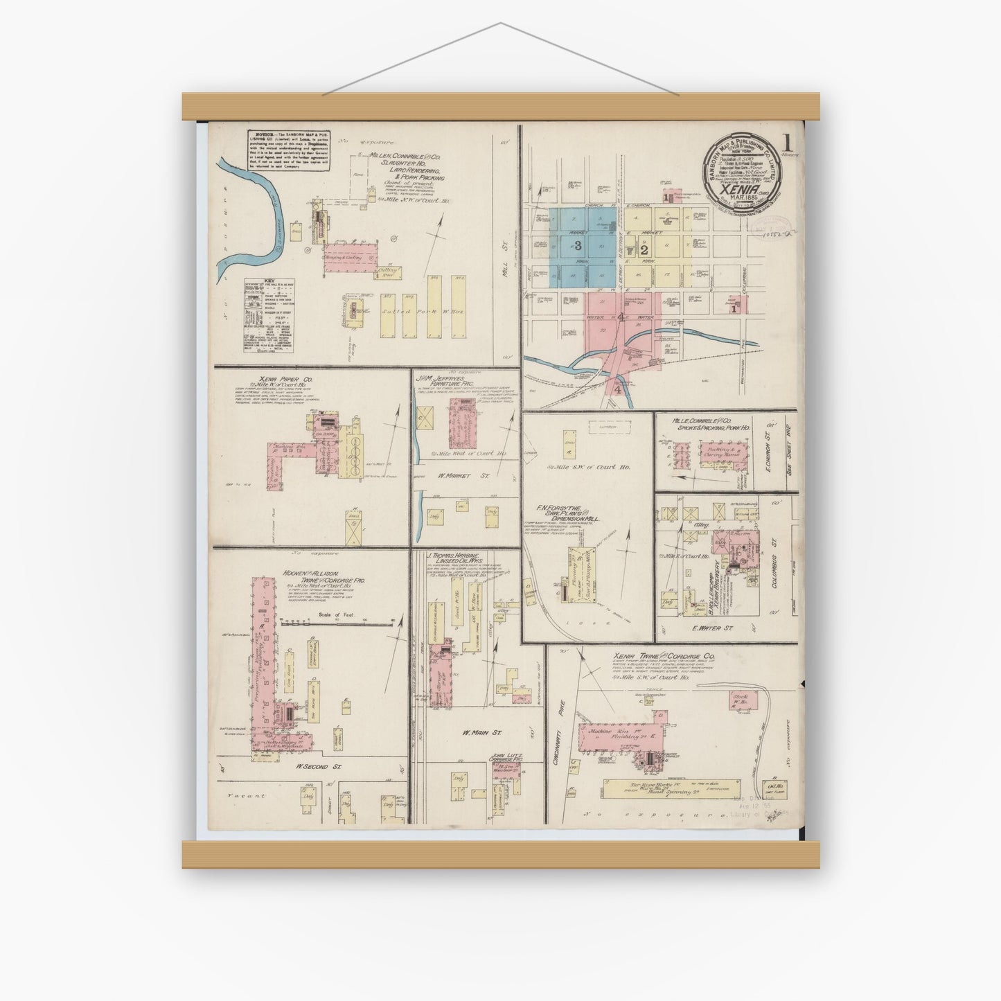 Old map wall art mockup — magnetic wood frame on white wall — Sanborn Fire Insurance Map from Xenia, Greene County, Ohio (1885) - Complete Map Set
