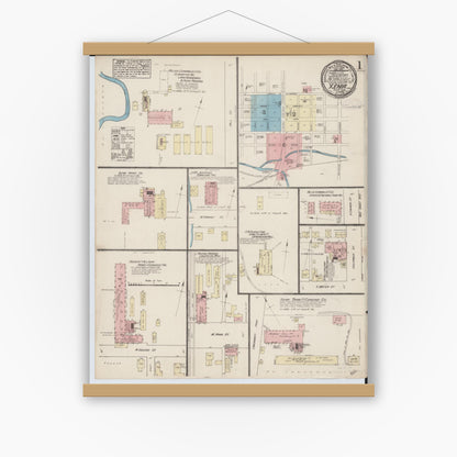 Old map wall art mockup — magnetic wood frame on white wall — Sanborn Fire Insurance Map from Xenia, Greene County, Ohio (1885) - Complete Map Set