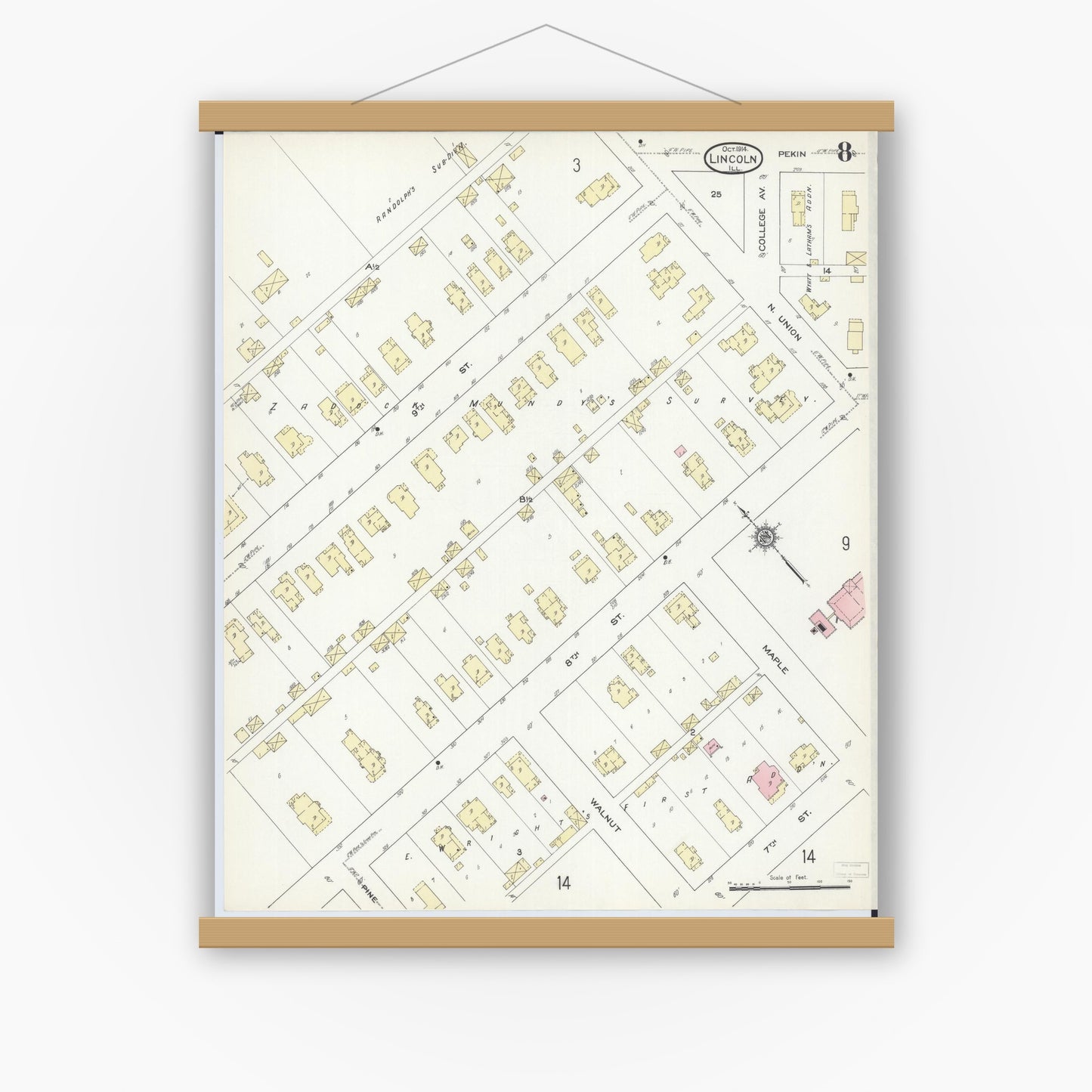 Old map wall art mockup — magnetic wood frame on white wall — Sanborn Fire Insurance Map from Lincoln, Logan County, Illinois (1914), Sheet #0008