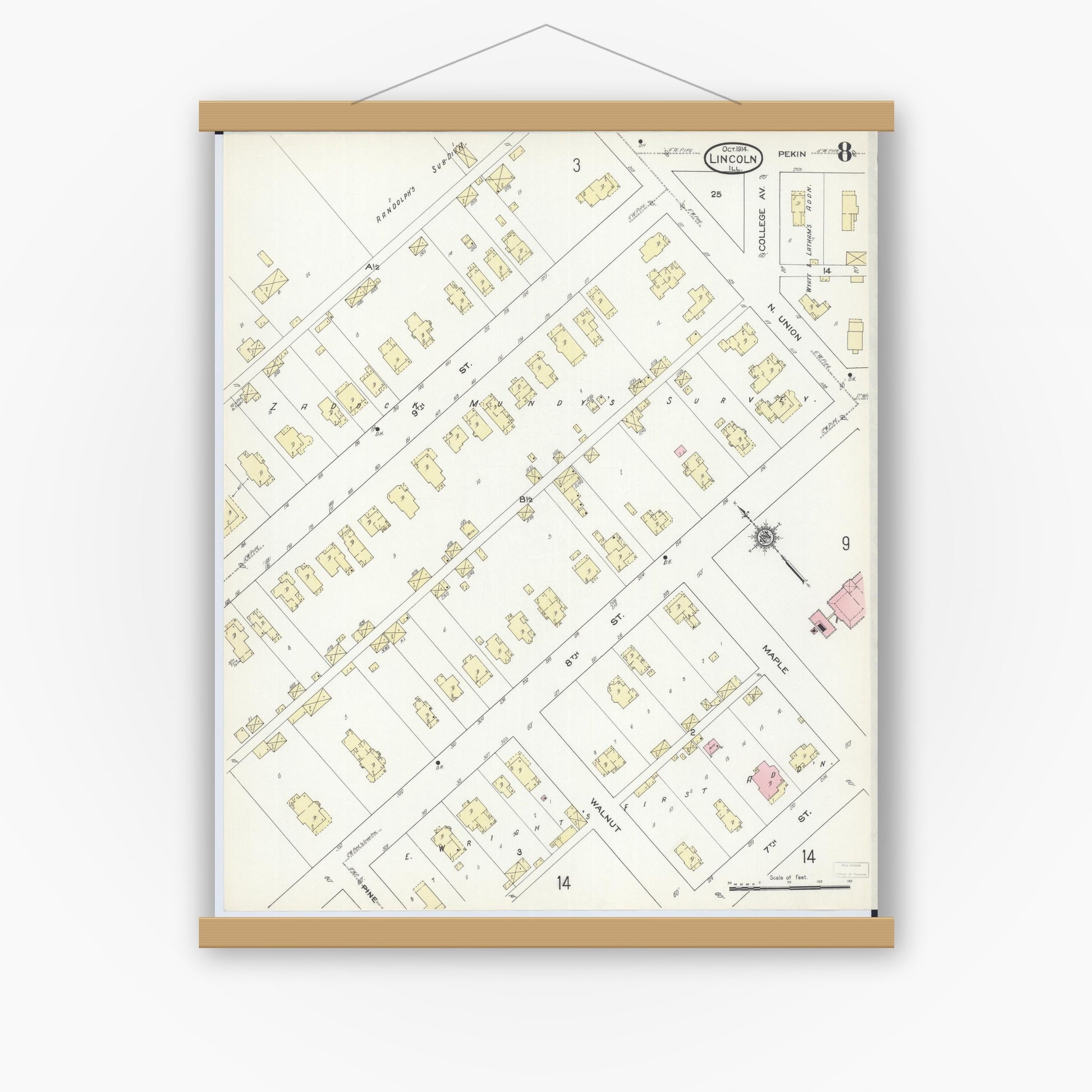 Old map wall art mockup — magnetic wood frame on white wall — Sanborn Fire Insurance Map from Lincoln, Logan County, Illinois (1914), Sheet #0008