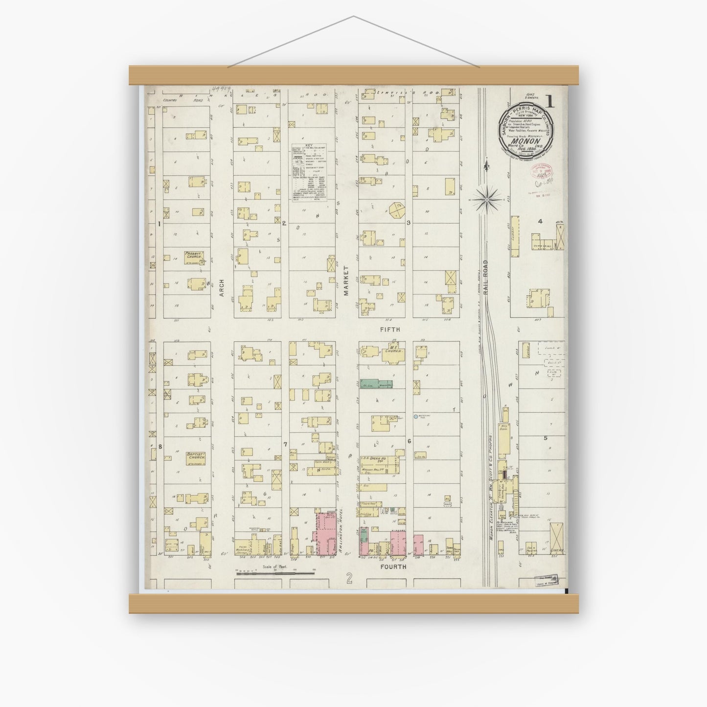 Old map wall art mockup — magnetic wood frame on white wall — Sanborn Fire Insurance Map from Monon, White County, Indiana (1895) - Complete Map Set