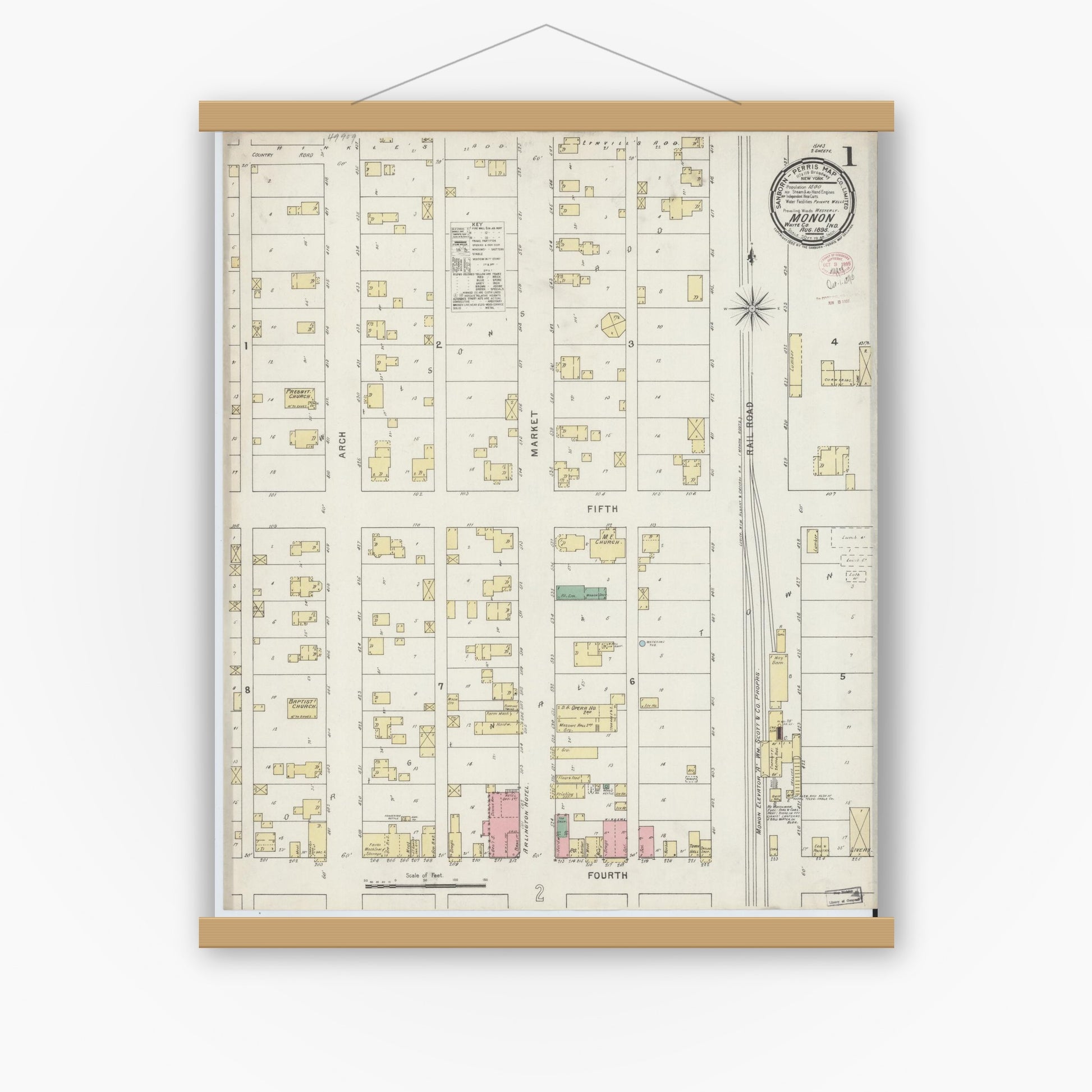 Old map wall art mockup — magnetic wood frame on white wall — Sanborn Fire Insurance Map from Monon, White County, Indiana (1895) - Complete Map Set
