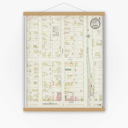 Old map wall art mockup — magnetic wood frame on white wall — Sanborn Fire Insurance Map from Monon, White County, Indiana (1895) - Complete Map Set