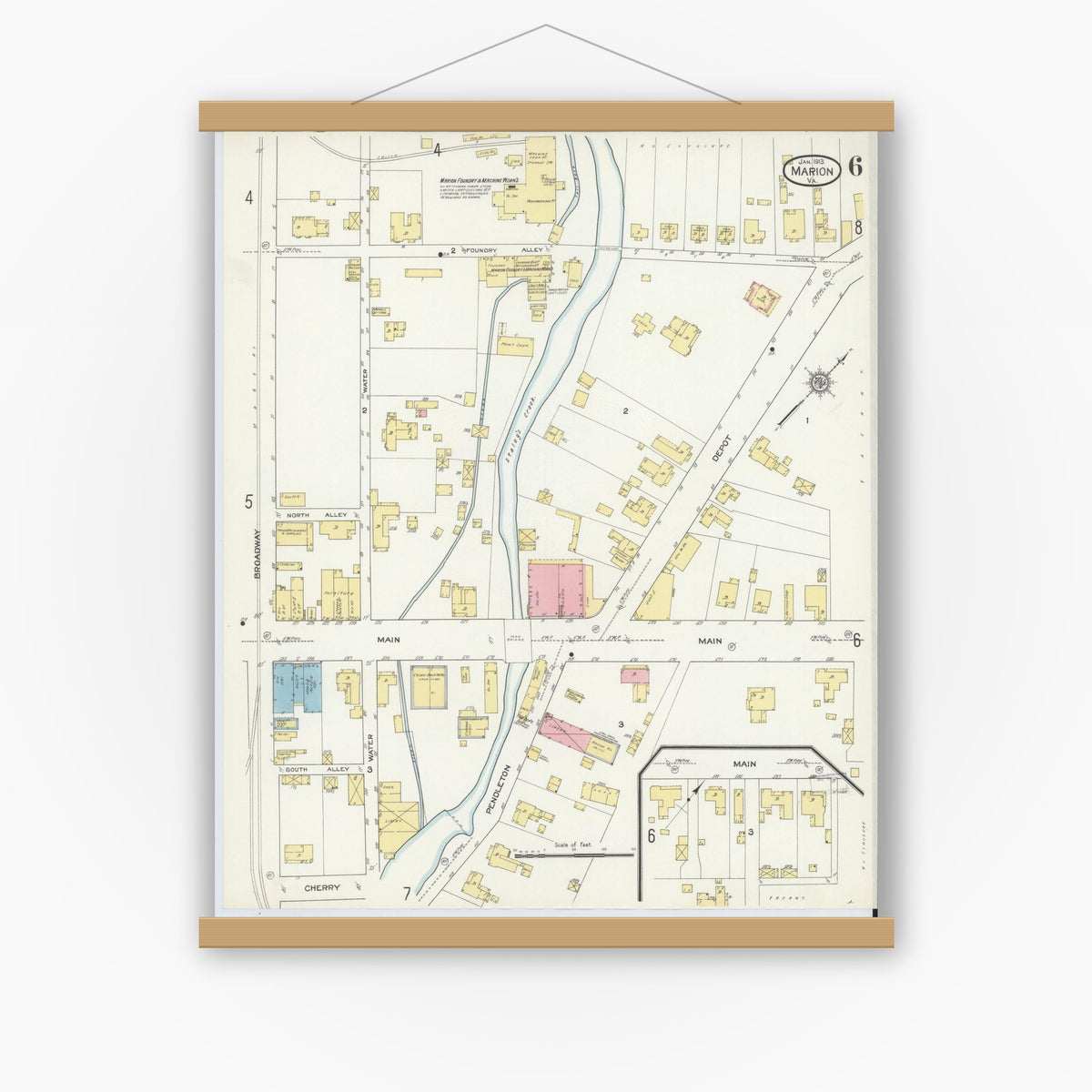 Old map wall art mockup — magnetic wood frame on white wall — Sanborn Fire Insurance Map from Marion, Smyth County, Virginia (1913), Sheet #0006