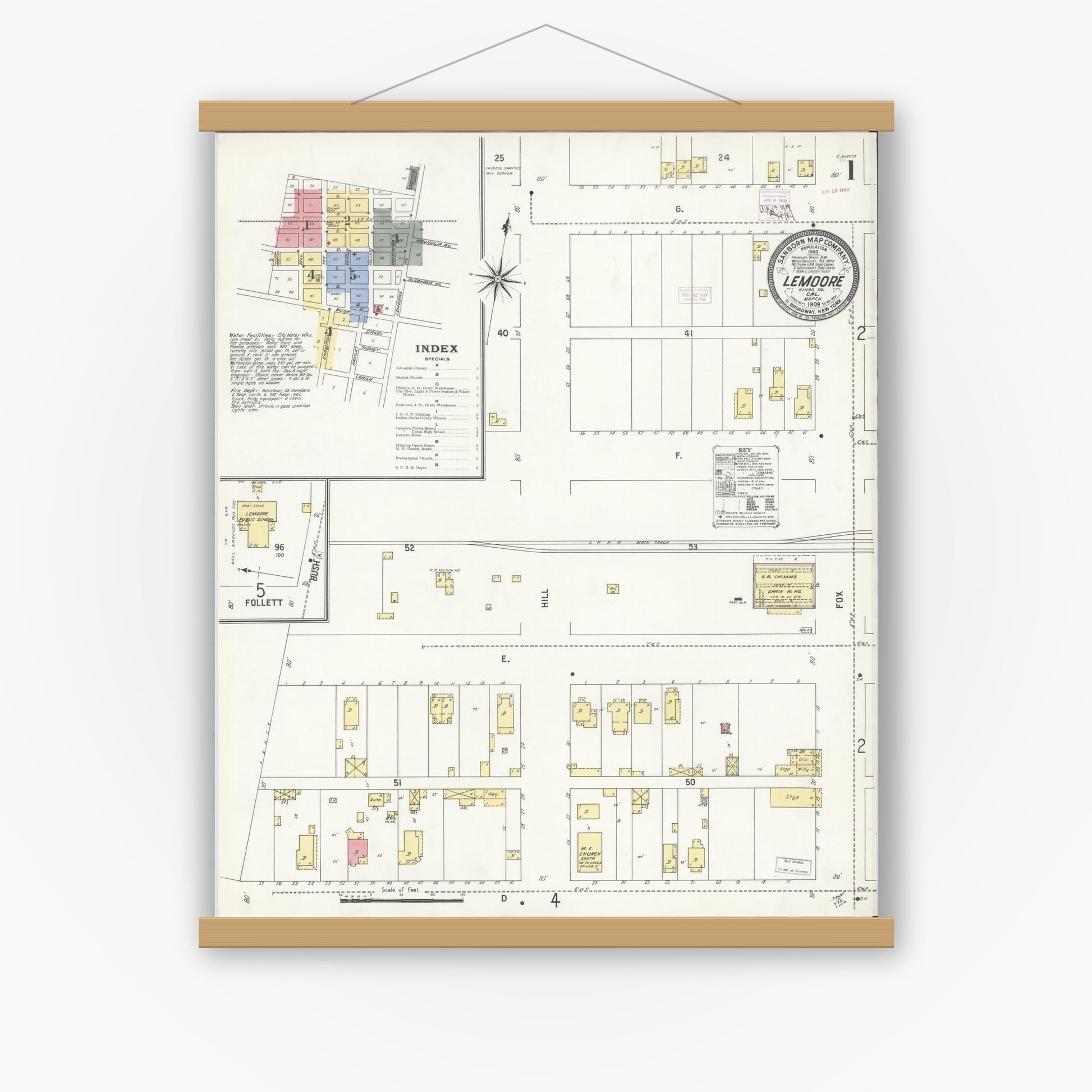 Old map wall art mockup — magnetic wood frame on white wall — Sanborn Fire Insurance Map from Lemoore, Kings County, California (1909) - Complete Map Set
