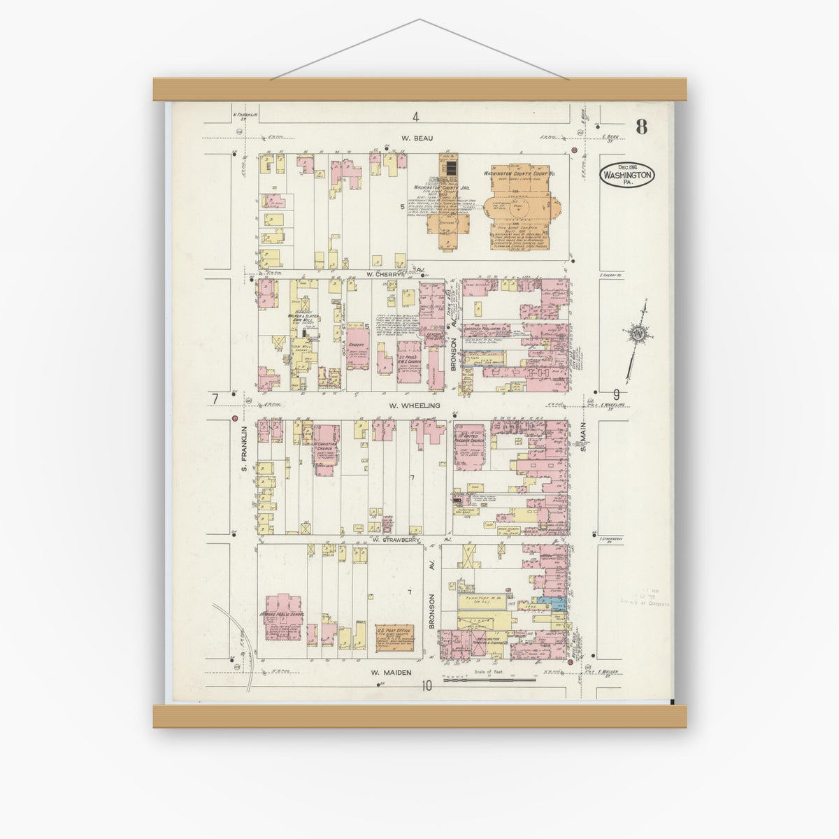 Old map wall art mockup — magnetic wood frame on white wall — Sanborn Fire Insurance Map from Washington, Washington County, Pennsylvania (1914), Sheet #0008