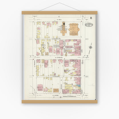 Old map wall art mockup — magnetic wood frame on white wall — Sanborn Fire Insurance Map from Washington, Washington County, Pennsylvania (1914), Sheet #0008