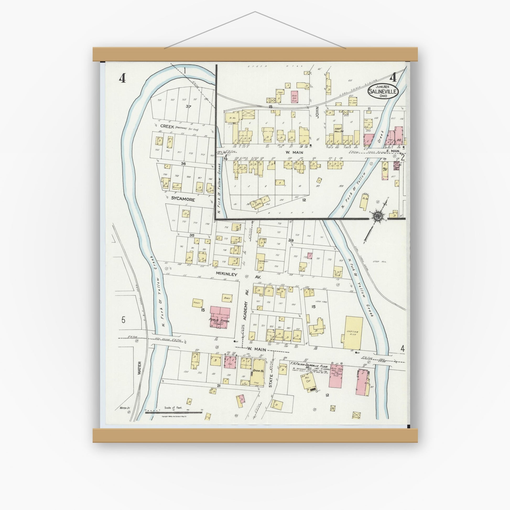 Old map wall art mockup — magnetic wood frame on white wall — Sanborn Fire Insurance Map from Salineville, Columbiana County, Ohio (1924), Sheet #0004