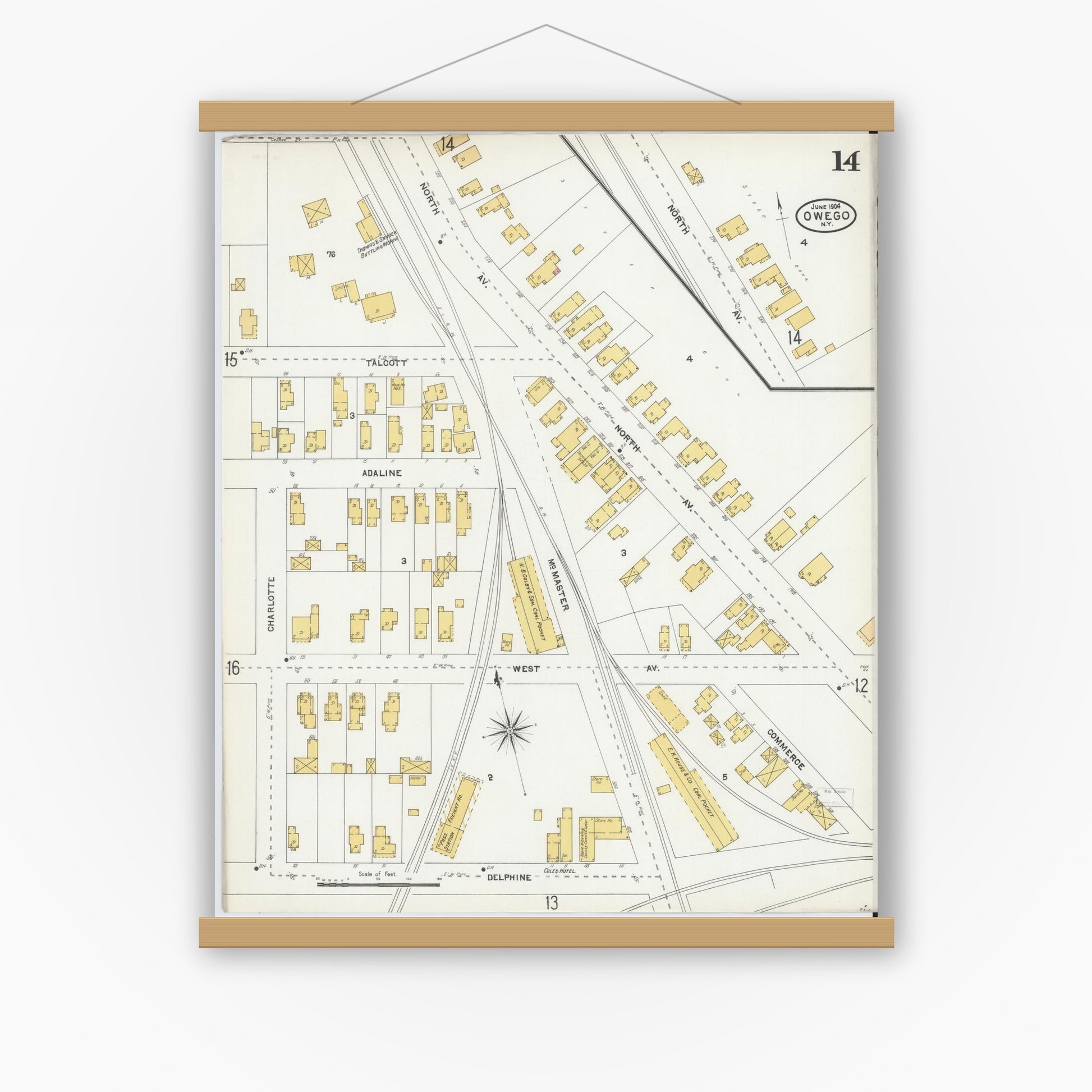 Old map wall art mockup — magnetic wood frame on white wall — Sanborn Fire Insurance Map from Owego, Tioga County, New York (1904), Sheet #0014
