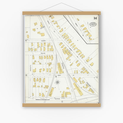 Old map wall art mockup — magnetic wood frame on white wall — Sanborn Fire Insurance Map from Owego, Tioga County, New York (1904), Sheet #0014
