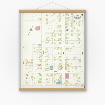 Old map wall art mockup — magnetic wood frame on white wall — Sanborn Fire Insurance Map from Butler, Richland County, Ohio (1912), Sheet #0002