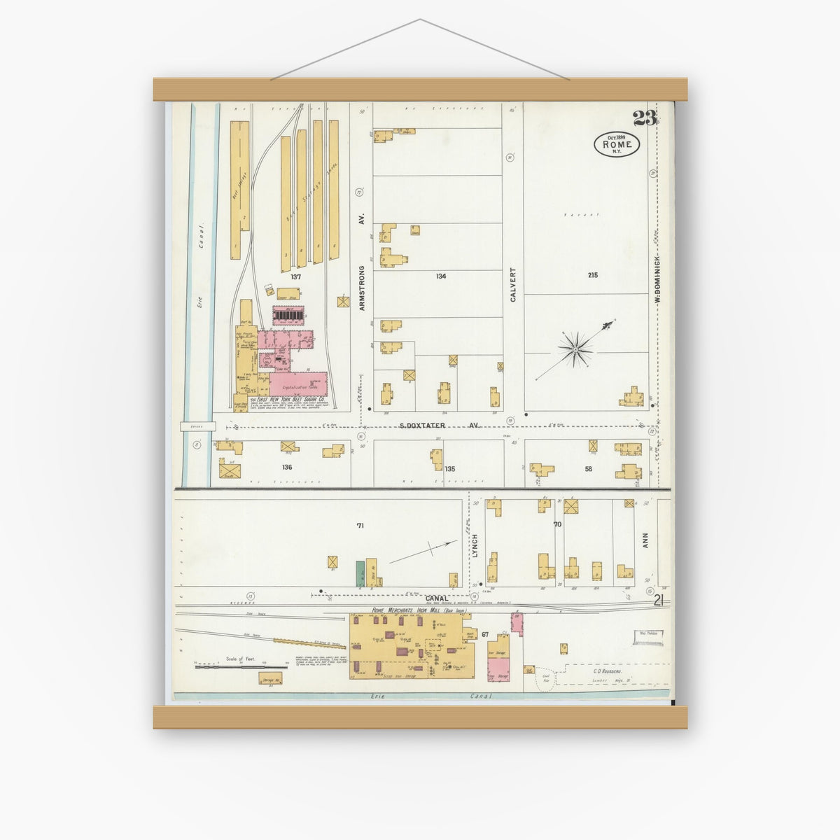 Old map wall art mockup — magnetic wood frame on white wall — Sanborn Fire Insurance Map from Rome, Oneida County, New York (1899), Sheet #0023