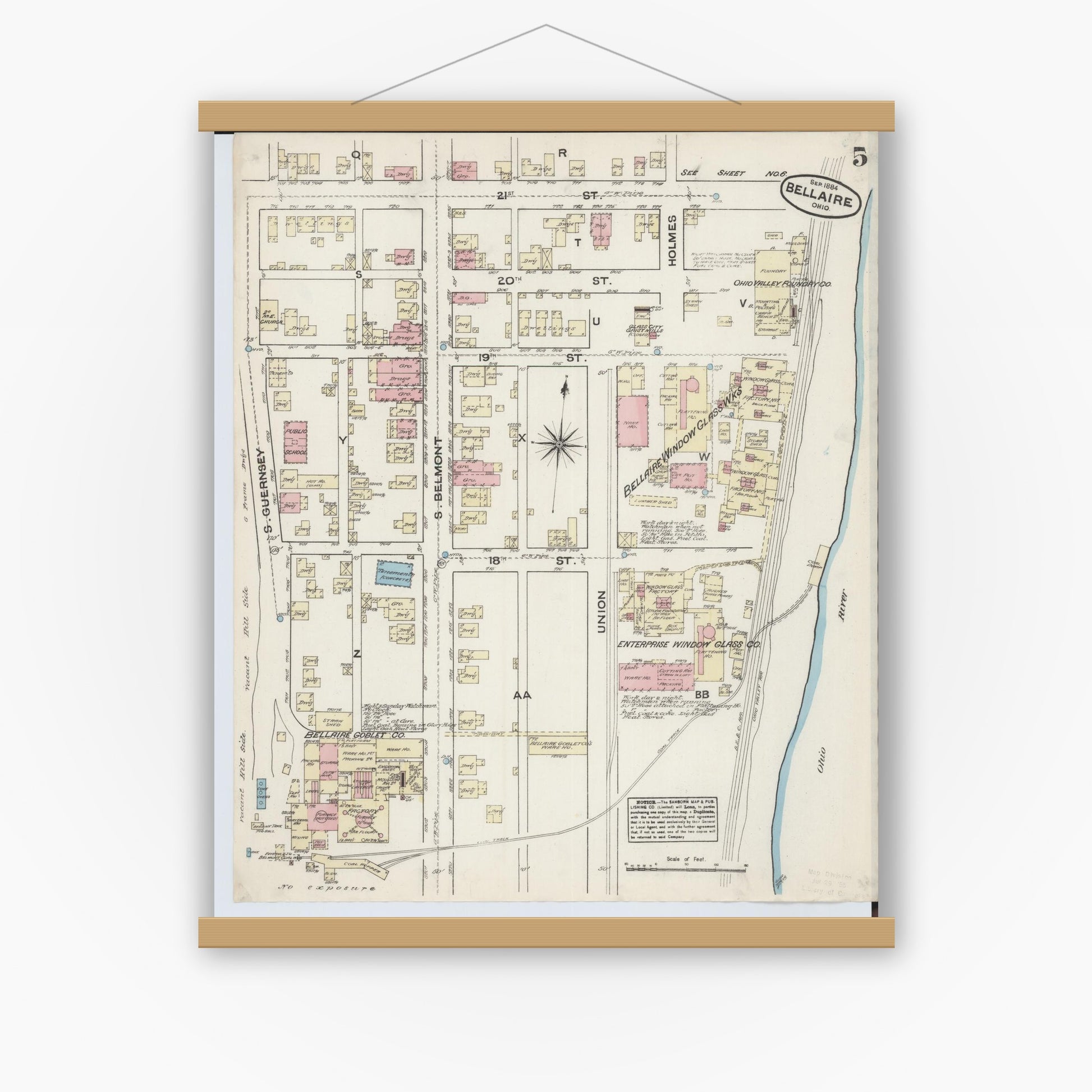 Old map wall art mockup — magnetic wood frame on white wall — Sanborn Fire Insurance Map from Bellaire, Belmont County, Ohio (1884), Sheet #0005
