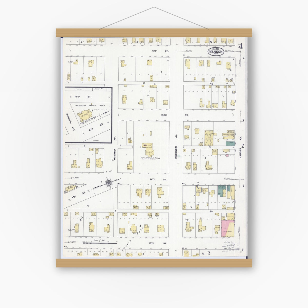 Old map wall art mockup — magnetic wood frame on white wall — Sanborn Fire Insurance Map from Benson, Swift County, Minnesota (1909), Sheet #0004