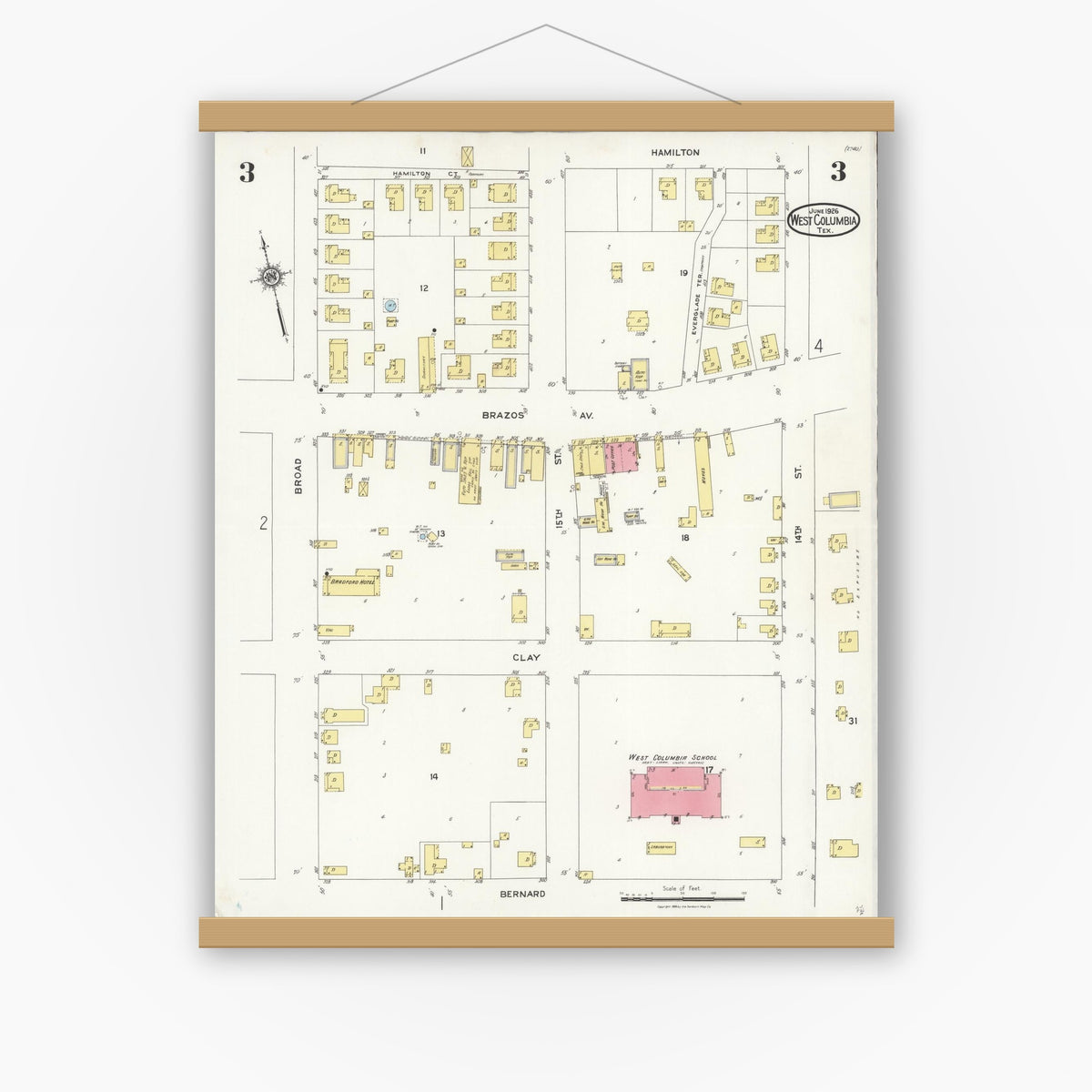 Old map wall art mockup — magnetic wood frame on white wall — Sanborn Fire Insurance Map from West Columbia, Brazoria County, Texas (1926), Sheet #0003