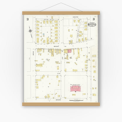 Old map wall art mockup — magnetic wood frame on white wall — Sanborn Fire Insurance Map from West Columbia, Brazoria County, Texas (1926), Sheet #0003