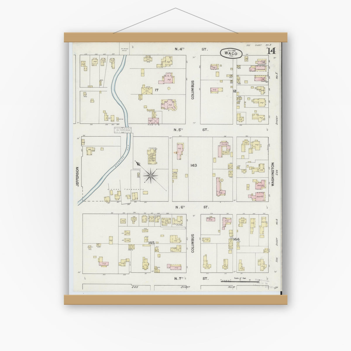 Old map wall art mockup — magnetic wood frame on white wall — Sanborn Fire Insurance Map from Waco, McLennan County, Texas (1889), Sheet #0014