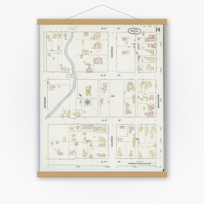 Old map wall art mockup — magnetic wood frame on white wall — Sanborn Fire Insurance Map from Waco, McLennan County, Texas (1889), Sheet #0014