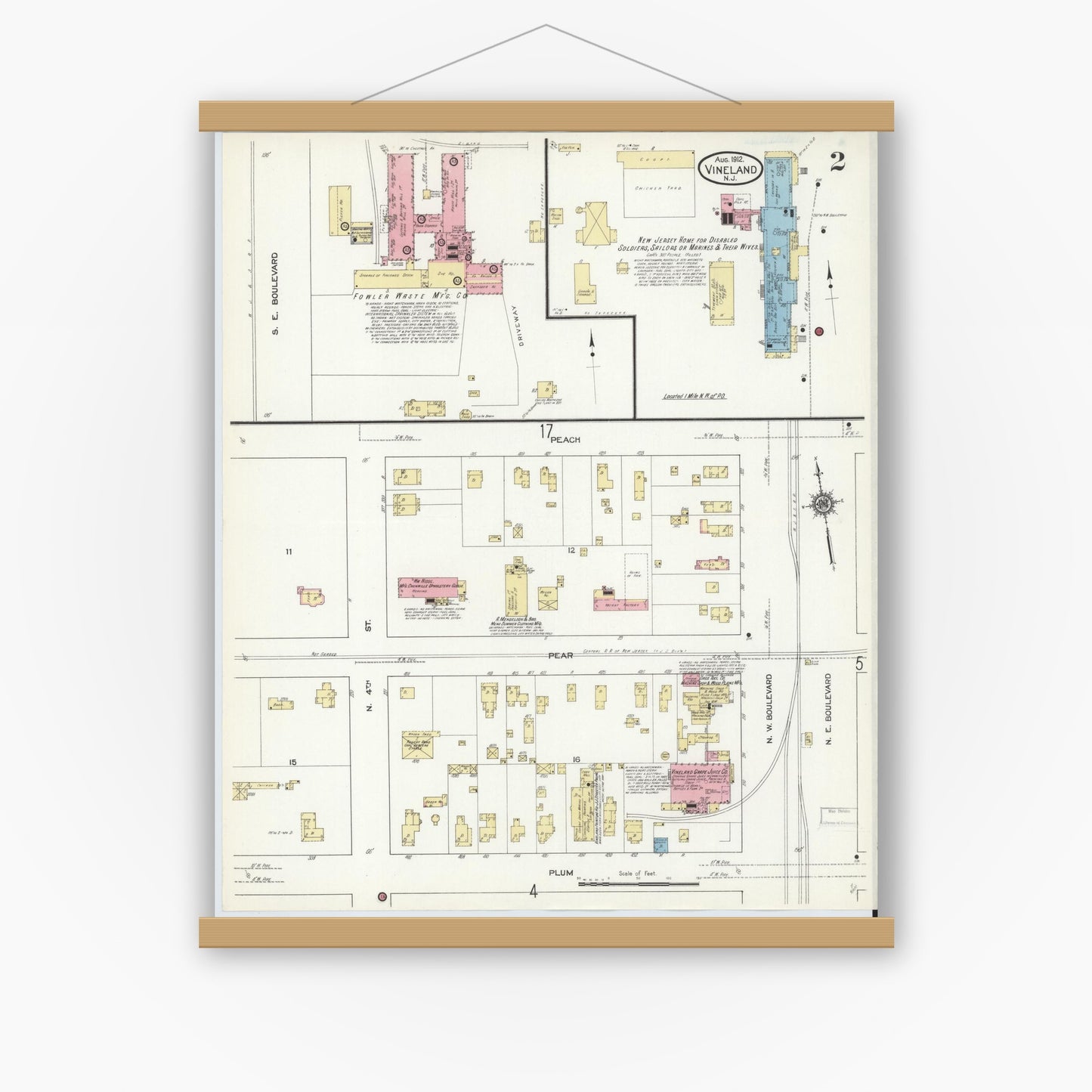 Old map wall art mockup — magnetic wood frame on white wall — Sanborn Fire Insurance Map from Vineland, Cumberland County, New Jersey (1912) - Complete Map Set