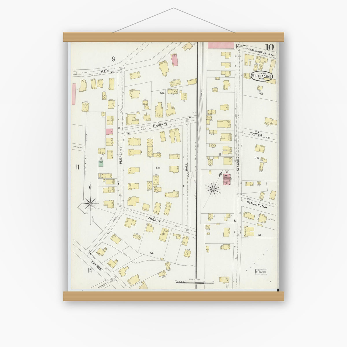 Old map wall art mockup — magnetic wood frame on white wall — Sanborn Fire Insurance Map from North Adams, Berkshire County, Massachusetts (1897), Sheet #0010