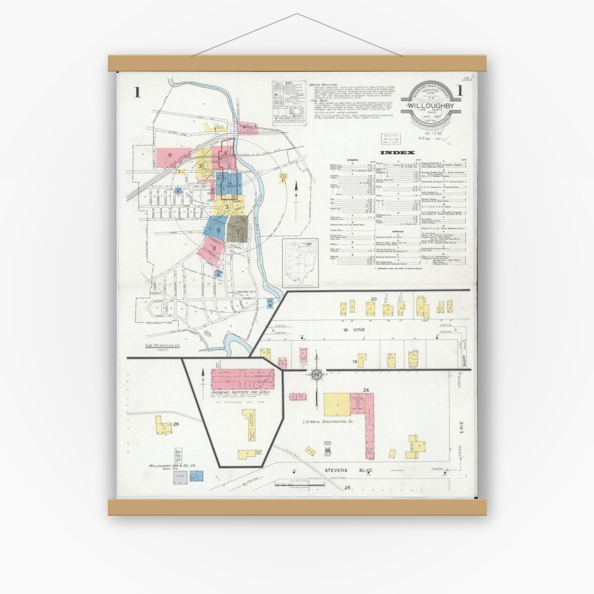 Old map wall art mockup — magnetic wood frame on white wall — Sanborn Fire Insurance Map from Willoughby, Lake County, Ohio (1931), Sheet #0001
