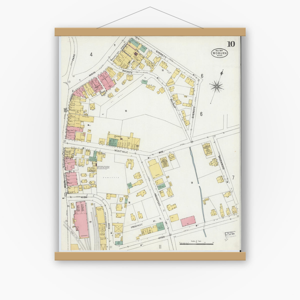 Old map wall art mockup — magnetic wood frame on white wall — Sanborn Fire Insurance Map from Woburn, Middlesex County, Massachusetts (1904), Sheet #0010