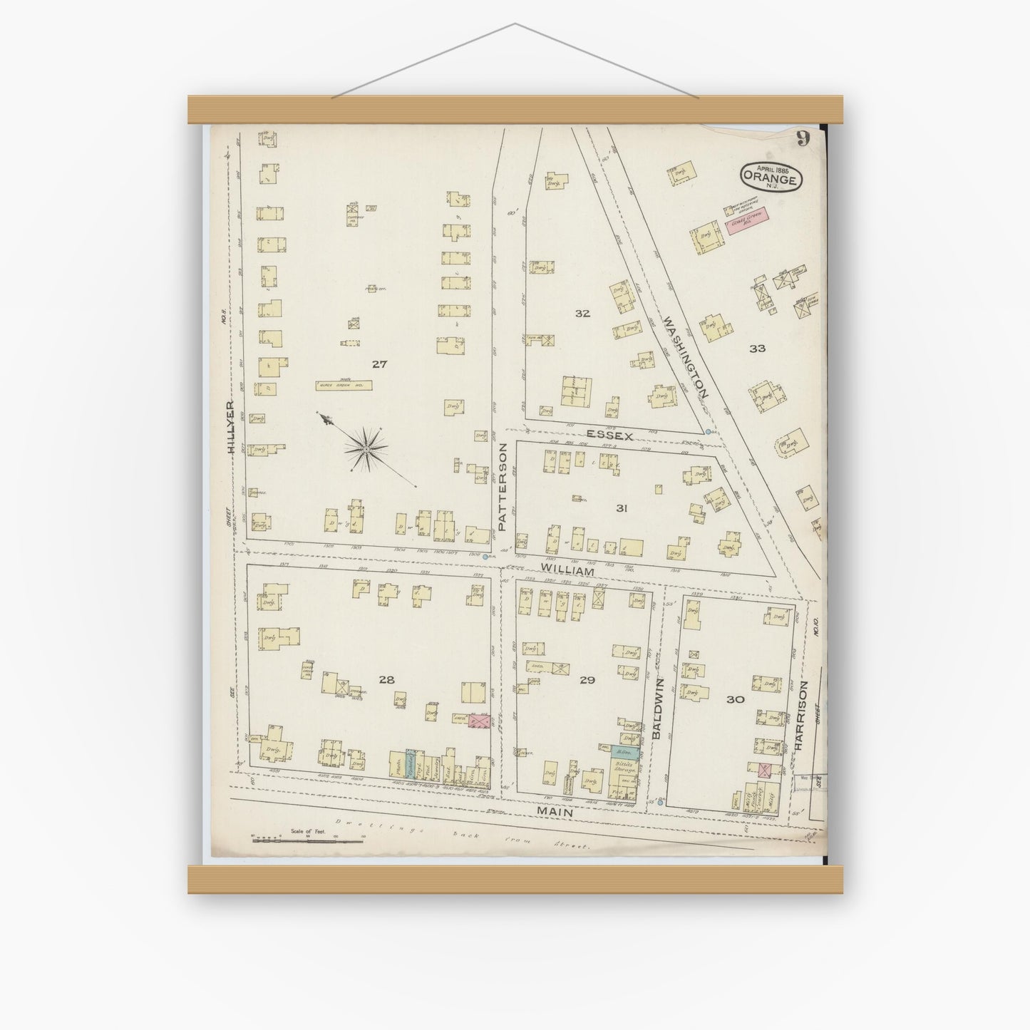 Old map wall art mockup — magnetic wood frame on white wall — Sanborn Fire Insurance Map from Orange, Essex County, New Jersey (1885), Sheet #0009