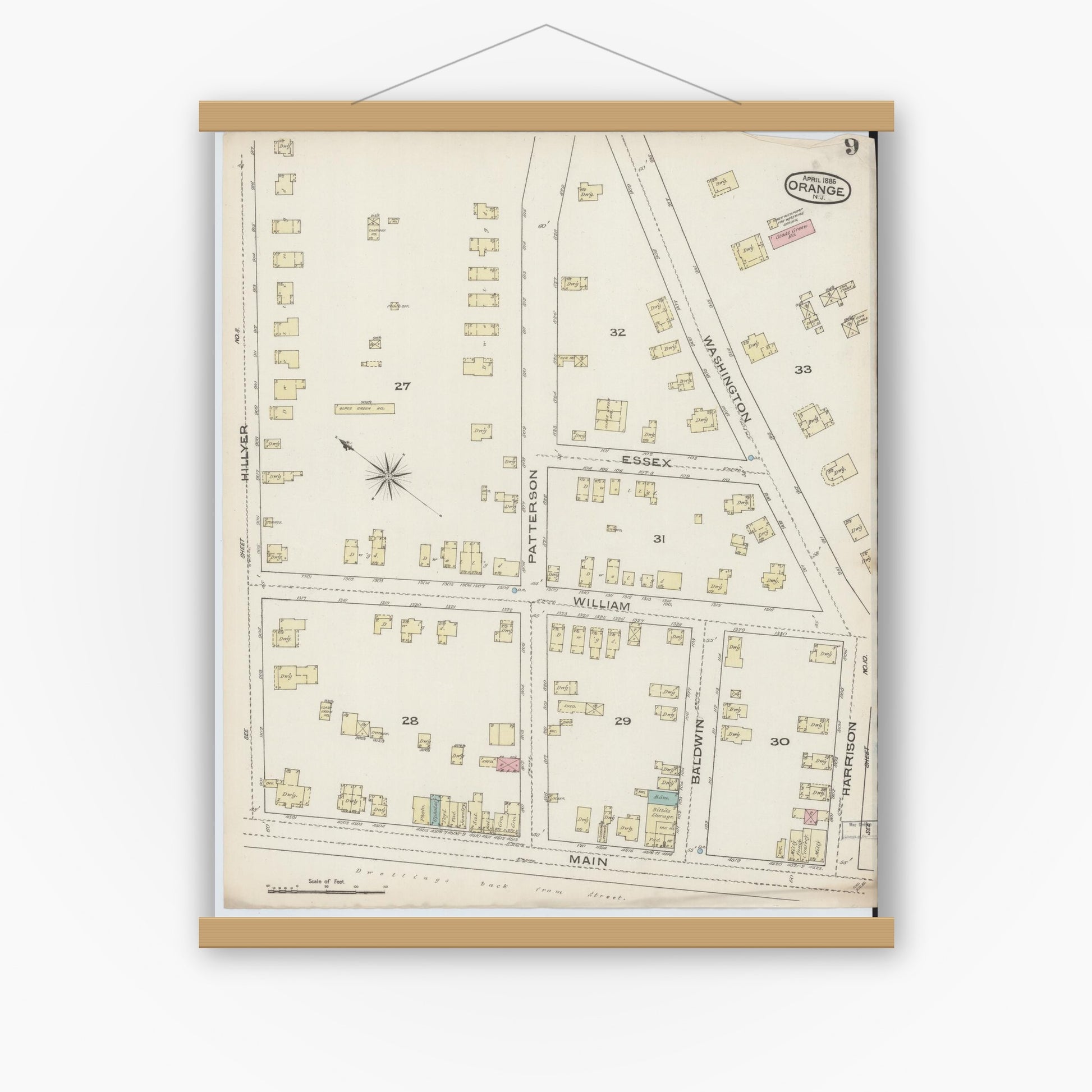 Old map wall art mockup — magnetic wood frame on white wall — Sanborn Fire Insurance Map from Orange, Essex County, New Jersey (1885), Sheet #0009