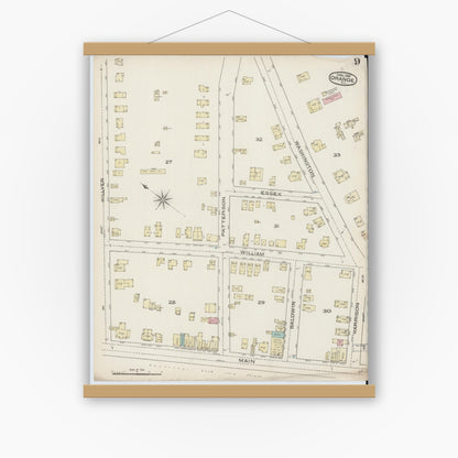 Old map wall art mockup — magnetic wood frame on white wall — Sanborn Fire Insurance Map from Orange, Essex County, New Jersey (1885), Sheet #0009