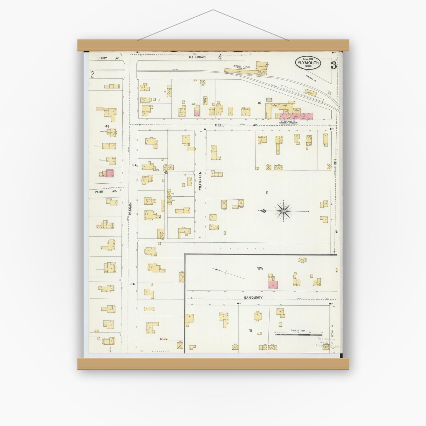 Old map wall art mockup — magnetic wood frame on white wall — Sanborn Fire Insurance Map from Plymouth, Huron And Richland Counties, Ohio (1904), Sheet #0003