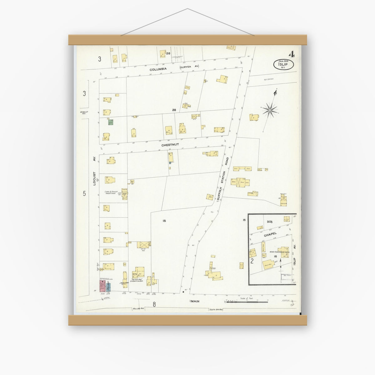 Old map wall art mockup — magnetic wood frame on white wall — Sanborn Fire Insurance Map from Islip, Suffolk County, New York (1909), Sheet #0004