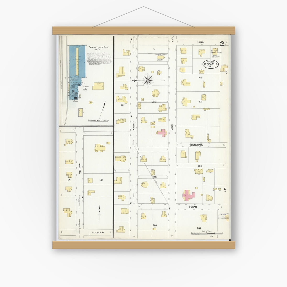Old map wall art mockup — magnetic wood frame on white wall — Sanborn Fire Insurance Map from Decatur, Wise County, Texas (1907), Sheet #0002