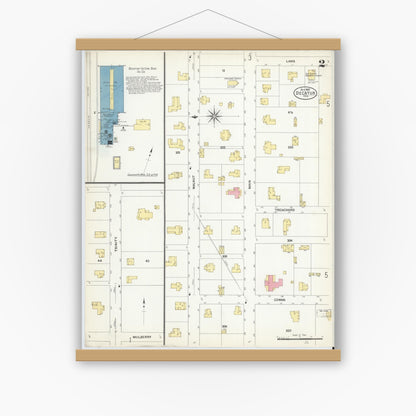 Old map wall art mockup — magnetic wood frame on white wall — Sanborn Fire Insurance Map from Decatur, Wise County, Texas (1907), Sheet #0002