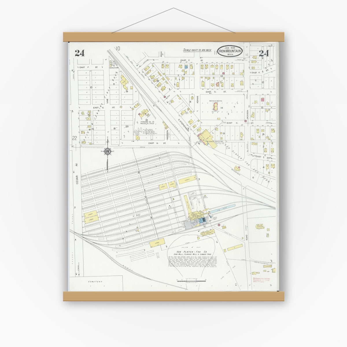 Old map wall art mockup — magnetic wood frame on white wall — Sanborn Fire Insurance Map from Iron Mountain, Dickinson County, Michigan (1930), Sheet #0024