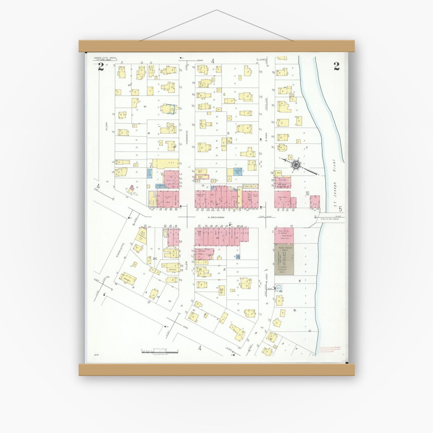 Old map wall art mockup — magnetic wood frame on white wall — Sanborn Fire Insurance Map from Union City, Branch And Calhoun Counties, Michigan (1940), Sheet #0002