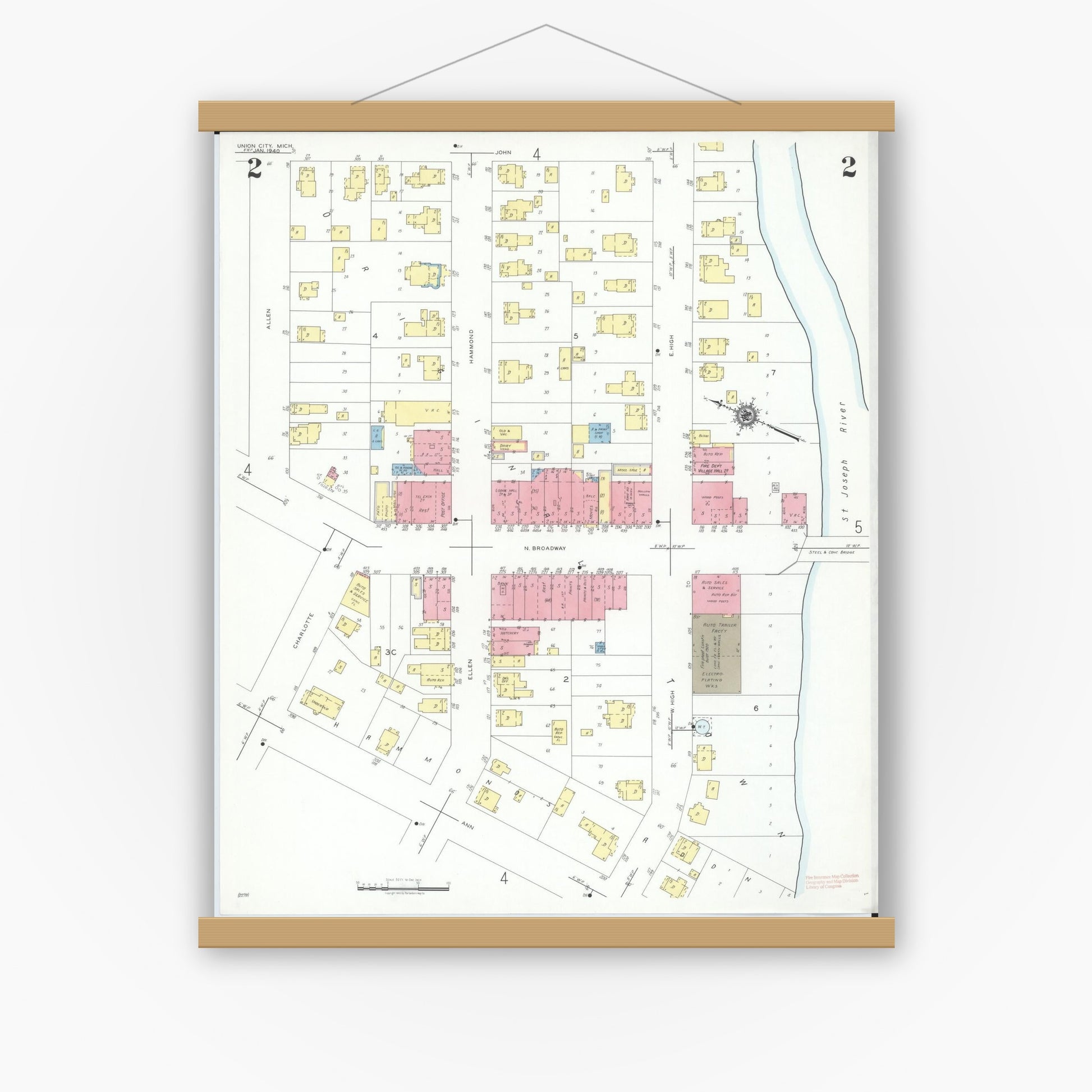 Old map wall art mockup — magnetic wood frame on white wall — Sanborn Fire Insurance Map from Union City, Branch And Calhoun Counties, Michigan (1940), Sheet #0002