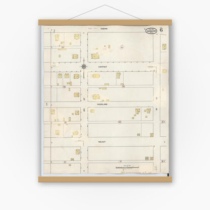 Old map wall art mockup — magnetic wood frame on white wall — Sanborn Fire Insurance Map from Mabank, Kaufman County, Texas (1934), Sheet #0006